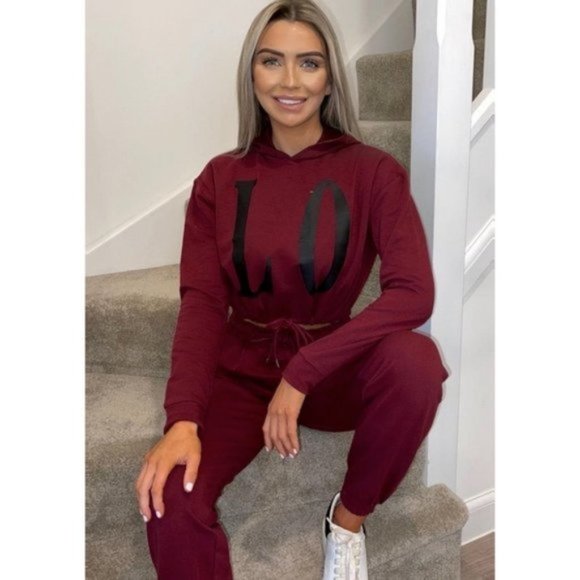 Burgundy Love Print Long Sleeve Hooded Crop Top and Joggers Pants Two Piece Set - Picture 12 of 13